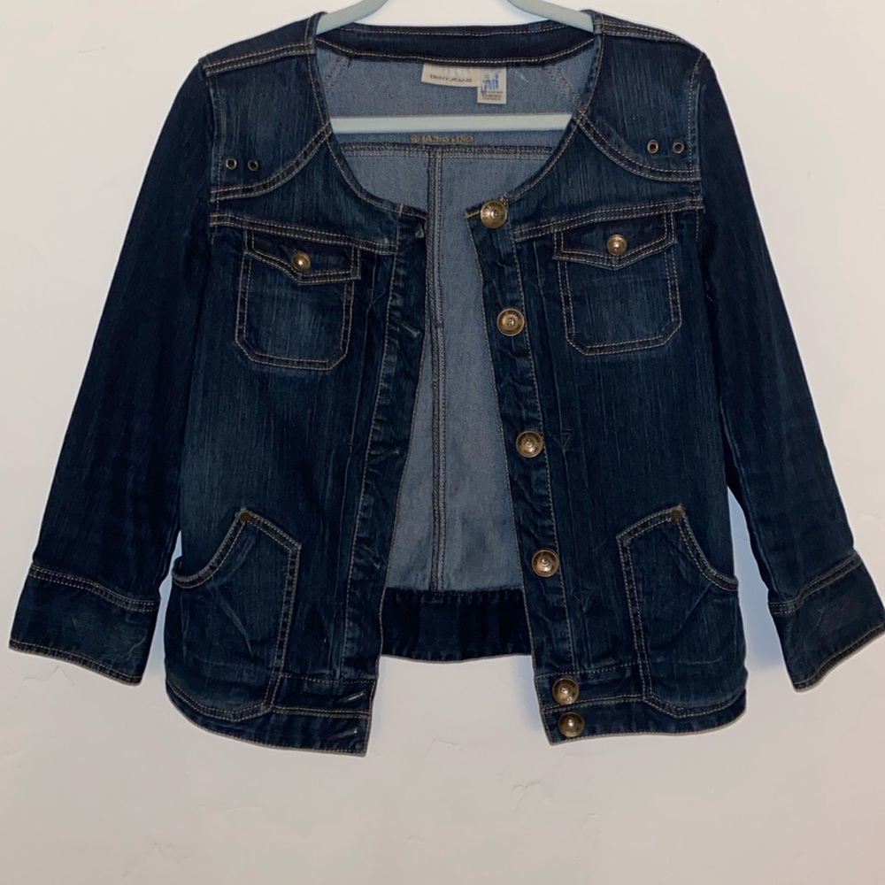 DKNY Jeans Womens Dark Wash Collarless Denim Jacket Medium‎ 3/4 Sleeve Stretch